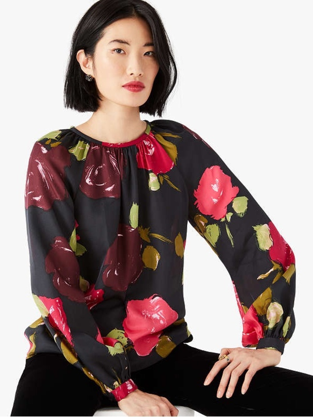 Kate Spade New York Just Rosy Keyhole Top in Silk Twill Dark Romantic Floral
